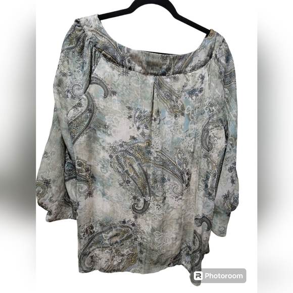 Dressbarn Size 2X Blouse 3/4 Sleeve 2 Layer Paisley Green Browm Metallic Blouse - Picture 2 of 7